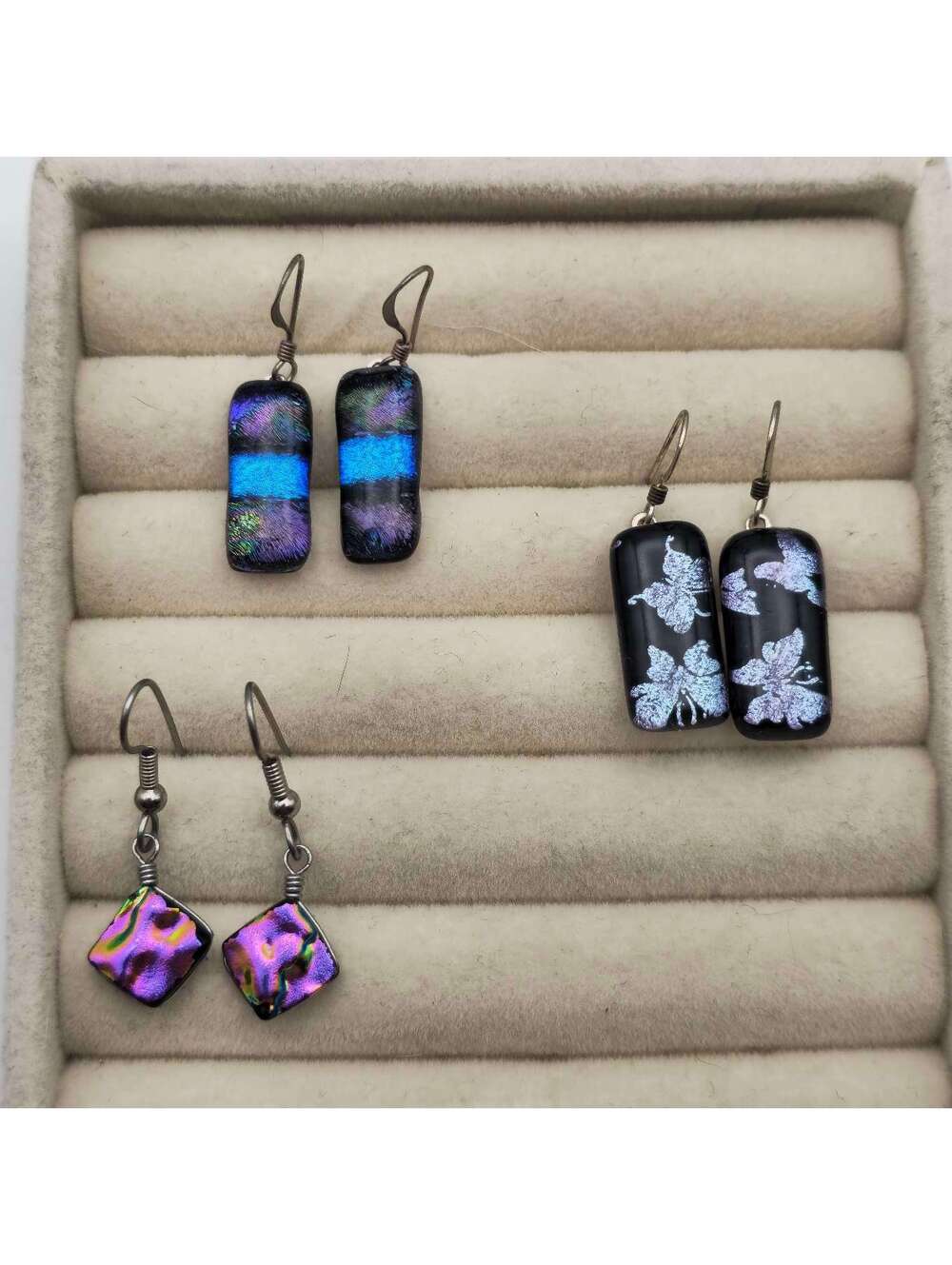 Lot Of 3 Dichroic Fused Art Glass Drop Dangle Earrings